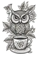 cute owl, coffee cup, tree, flowers tattoo design idea