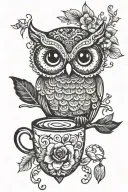 cute owl, coffee cup, tree, flowers tattoo design idea