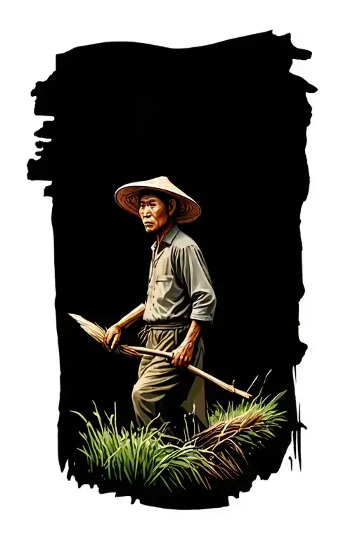old Chinese farmer working in field facing away tattoo design idea