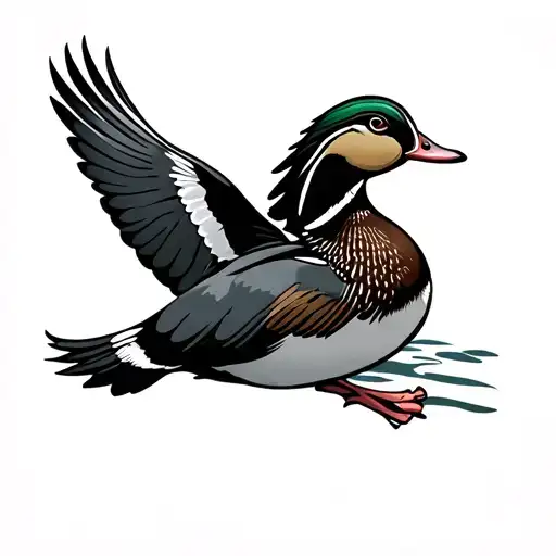 duck hunting, wood duck flying arm sleeve tattoo design idea