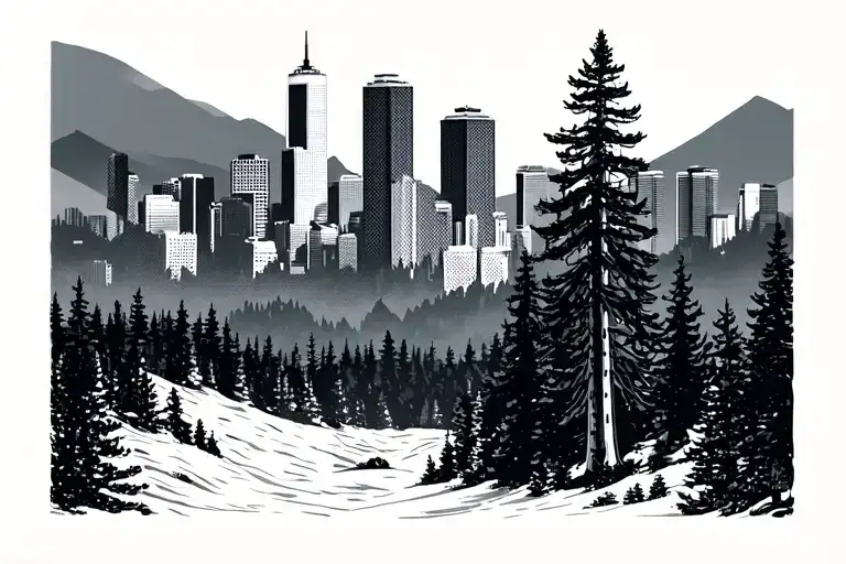 portland and seattle skylines separated with distance, barely visible behind pine trees. Salish art   tattoo design idea
