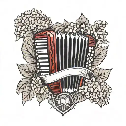 Accordion in ruby ​​red surrounded by hydrangeas in the colours of Italy with a shield of a knight resting against it tattoo design idea
