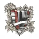Accordion in ruby ​​red surrounded by hydrangeas in the colours of Italy with a shield of a knight resting against it tattoo design idea