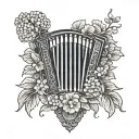 Accordion in ruby ​​red surrounded by hydrangeas in the colours of Italy with a shield of a knight resting against it tattoo design idea