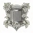 Accordion in ruby ​​red surrounded by hydrangeas in the colours of Italy with a shield of a knight resting against it tattoo design idea