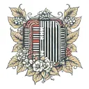 Accordion in ruby ​​red surrounded by hydrangeas in the colours of Italy with a shield of a knight resting against it tattoo design idea