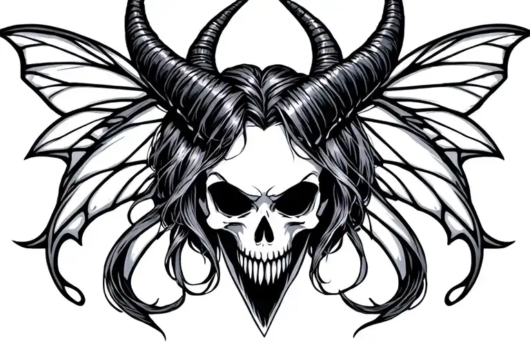 evil fairy, fangs, skulls, horned, black and grey tattoo,sexy tattoo design idea