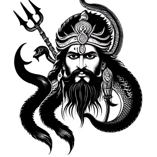mahakal bharaiv tatto in lord shiva beard avatar with snake , moon and trident for full arm wrapping around  tattoo design idea