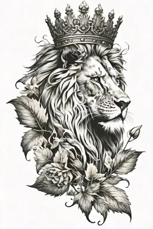 lion with scar and crown with leaves and reaf at the bottom   tattoo design idea