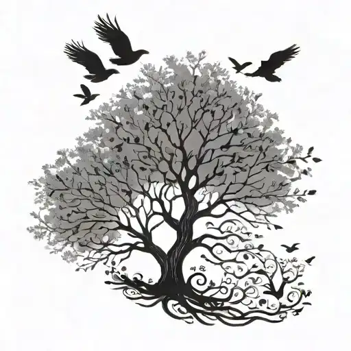 simple tree with 3 birds flying around it tattoo design idea