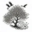 simple tree with 3 birds flying around it tattoo design idea