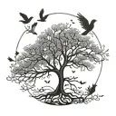 simple tree with 3 birds flying around it tattoo design idea