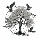 simple tree with 3 birds flying around it tattoo design idea