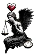angel crying holding an scale with a heart on it with the other with a time clock tattoo design idea