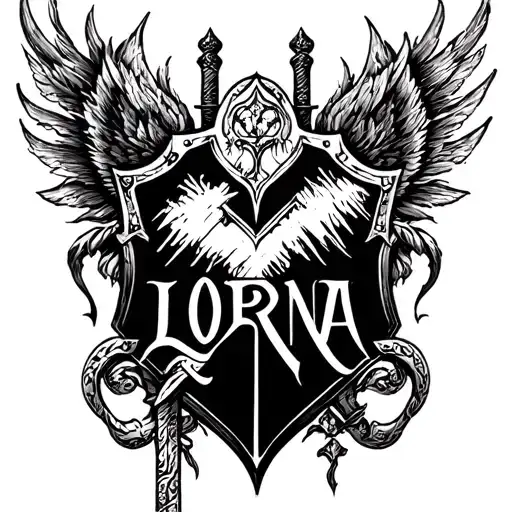 "LORNA" templar shield and sword tattoo design idea