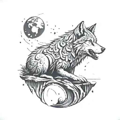 A tribal-inspired tattoo of a wolf howling on a cliff overlooking the ocean and mountains in the background tattoo design idea