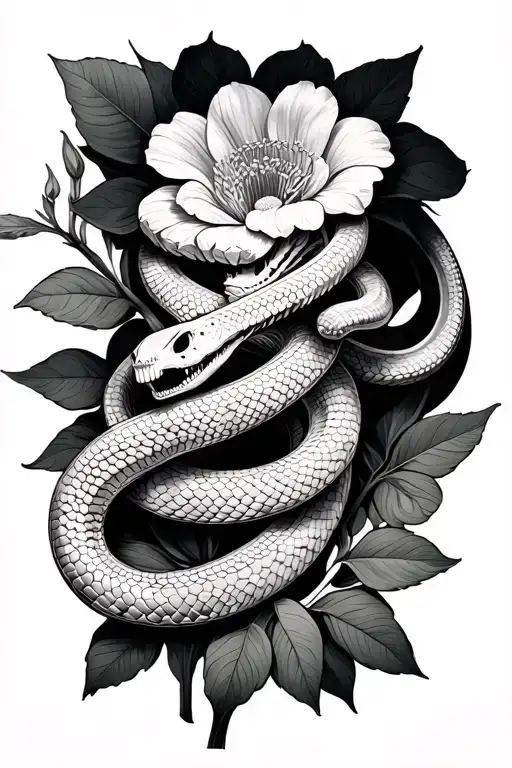 skeleton of a snake wrapped around flower tattoo design idea