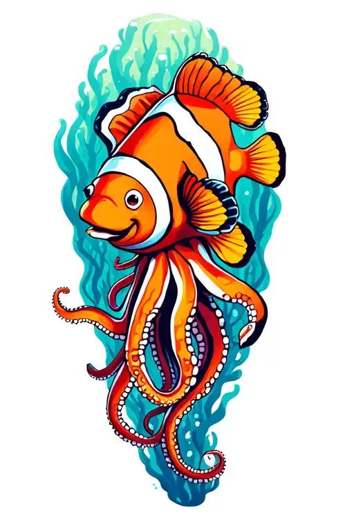 reef scene with clown fish dory and octopus  tattoo design idea