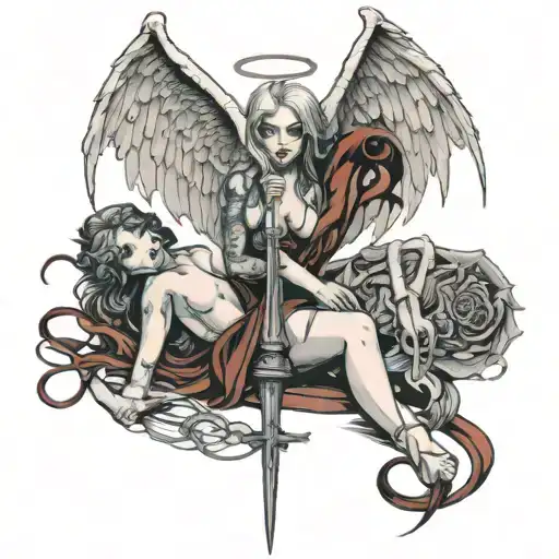 sexy angel woman tied up by a sexy devil man tattoo design idea