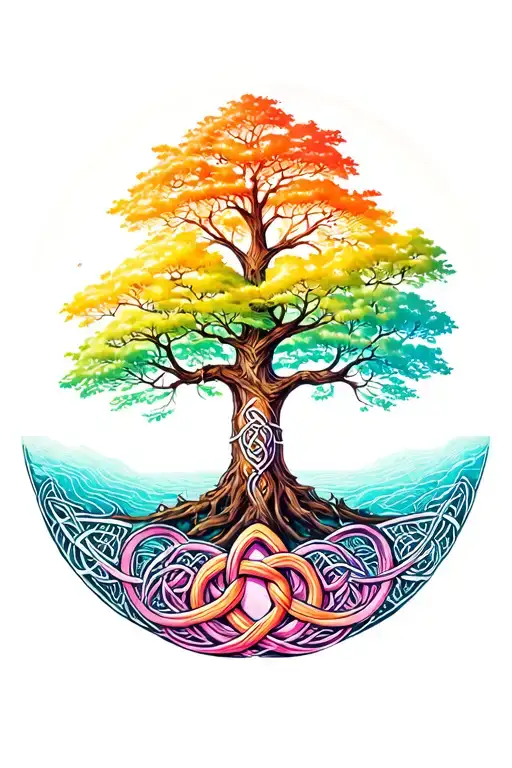 tree of life growing from celtic sisters knot tattoo design idea