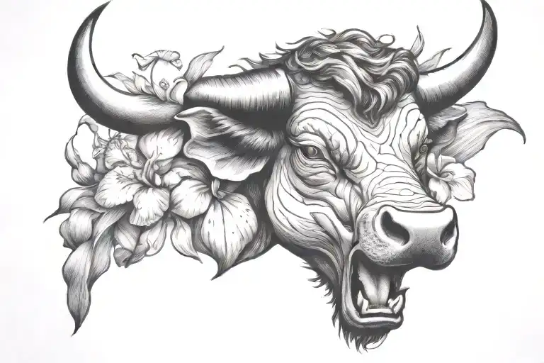 a raging bull in a patch of iris flower surrounded tattoo design idea