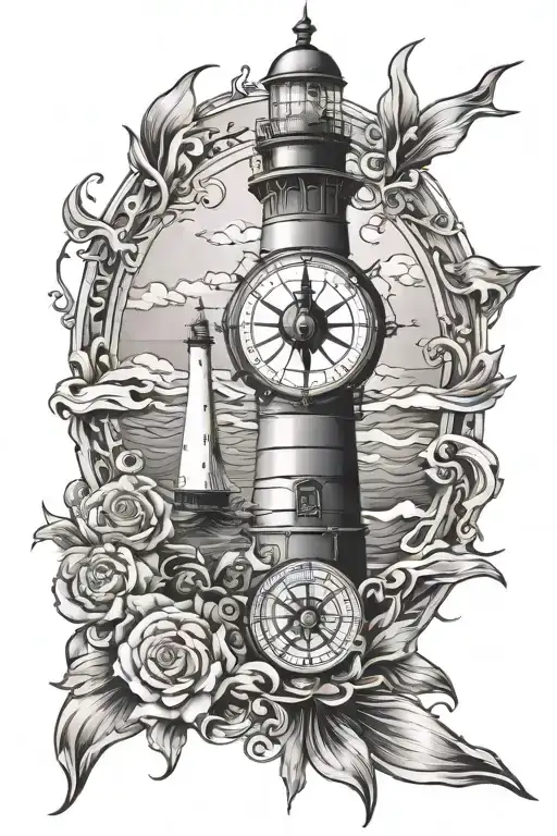 Light House Ocean Scene met compass tattoo design idea