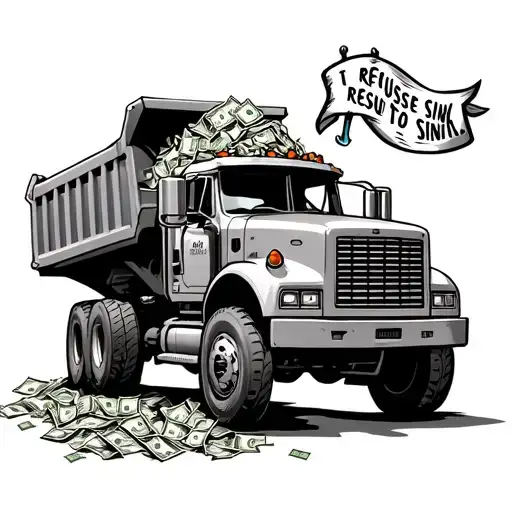 super ten dump truck spilling money while dragging an anchor with a banner  saying i refuse to sink  tattoo design idea