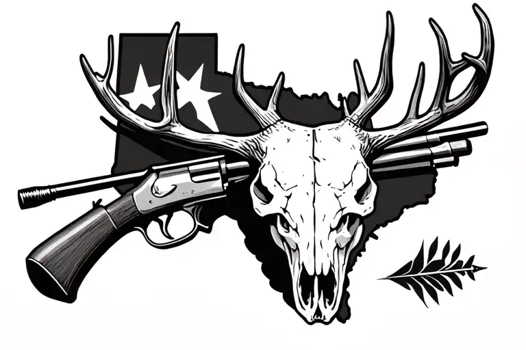 state of Texas in the background with deer skull with big antlers. work in a double barrel shotgun, fishing rod, arrow  tattoo design idea