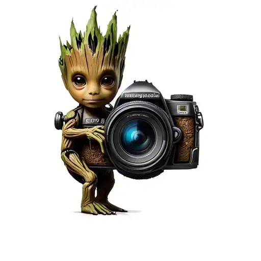 Baby Groot and Camera tattoo design idea