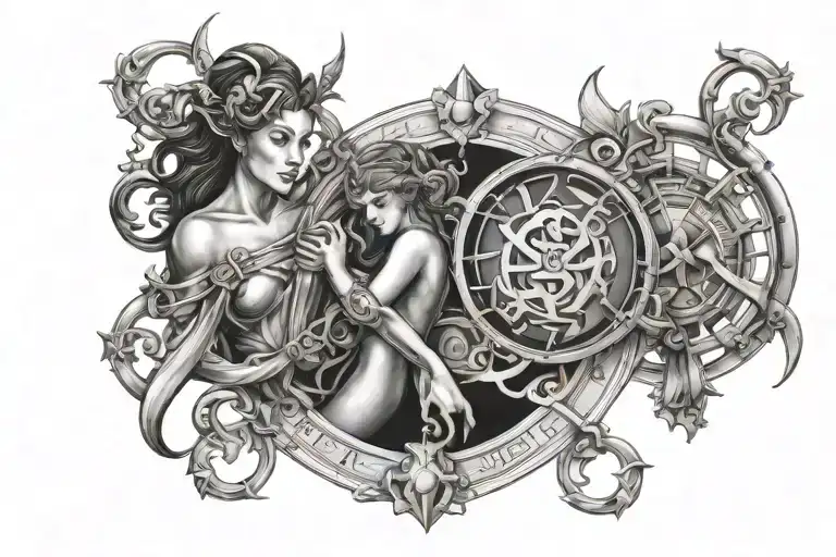 zodiac signs intertwined libra, ares, virgo tattoo design idea