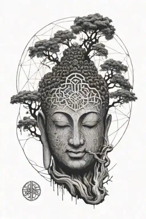 Buddha with the aum sign in his hand meditating in front of the tree of life with the branches at the top and the roots  tattoo design idea
