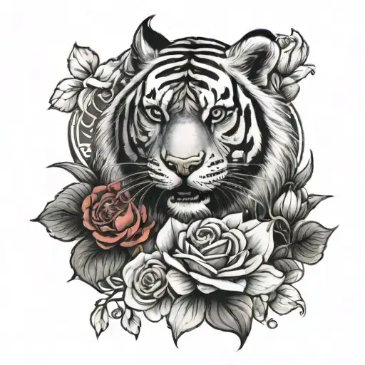 chinese non figurative zodiac tiger black in black red colors white roses black orchids  tattoo design idea