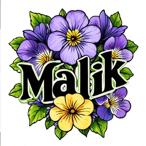 the name " Malik" in curive with violets and primroses. designednto be placed on the neckunder the ear tattoo design idea