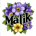 the name " Malik" in curive with violets and primroses. designednto be placed on the neckunder the ear tattoo design idea