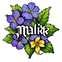 the name " Malik" in curive with violets and primroses. designednto be placed on the neckunder the ear tattoo design idea