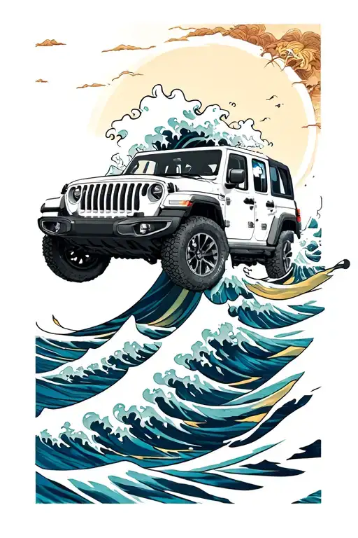 A japanese wave of water and at the top a jeep jk white on it tattoo design idea