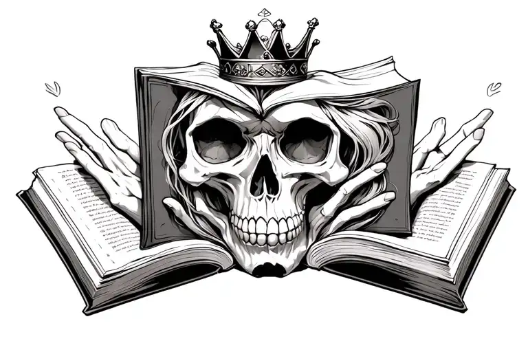 female skull with crown holding book in hands tattoo design idea