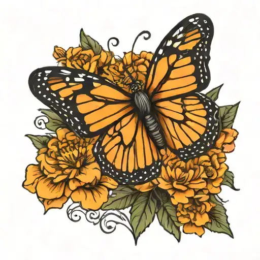 monarch butterfly with marigold flowers   tattoo design idea