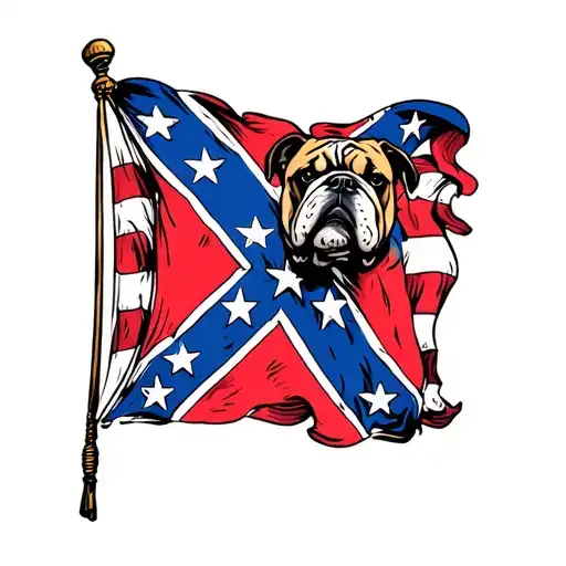 small red and blue confederate flag with bulldog head in center with border with american flag around it tattoo design idea