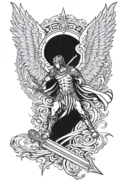 catholic, Spartan, fallen angel with wings and sword arm sleeve tattoo design idea