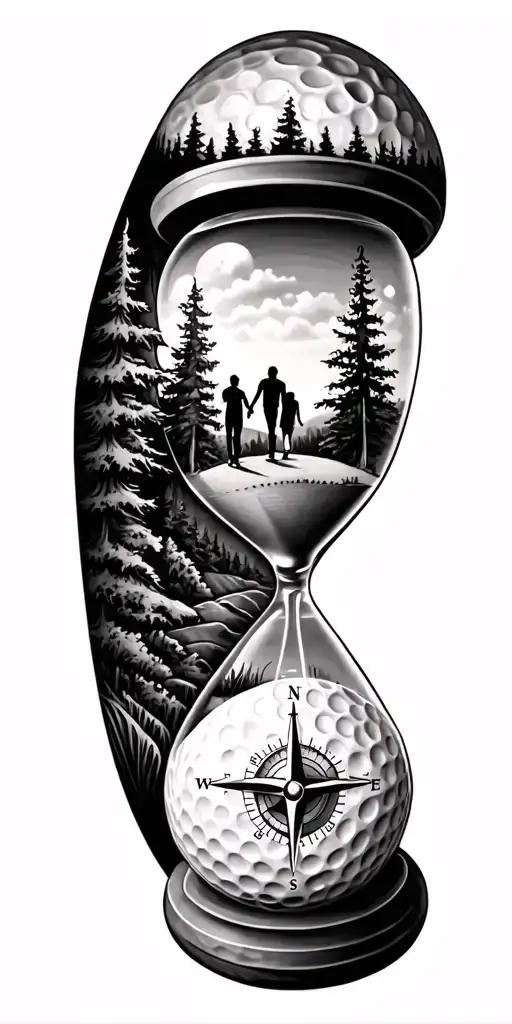 family and forest and hour glass and compass golf course golf ball tattoo design idea