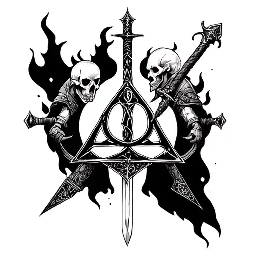 witcher 3, with dark souls skulls, armor with flaming sword , deathly hallows symbols and runes tattoo design idea