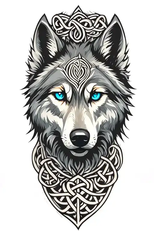 wolf with blue eyes featuring Celtic trinity knot  tattoo design idea