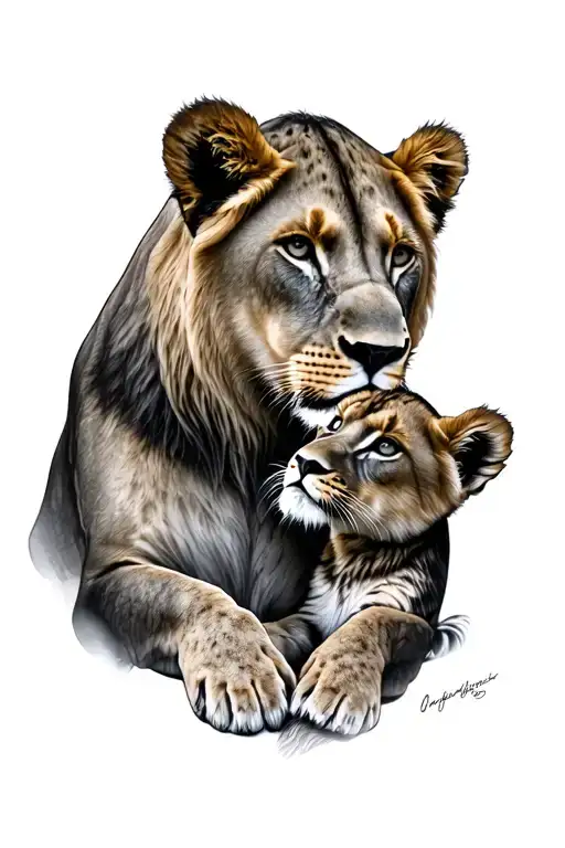 A hyper-realistic tattoo of a lioness gently nuzzling her cub, fine black and grey ink, high detail fur texture, soft sh tattoo design idea