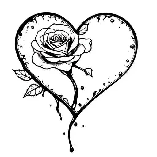 A black and white minimalist tattoo of a broken heart bleeding rose petals.  tattoo design idea