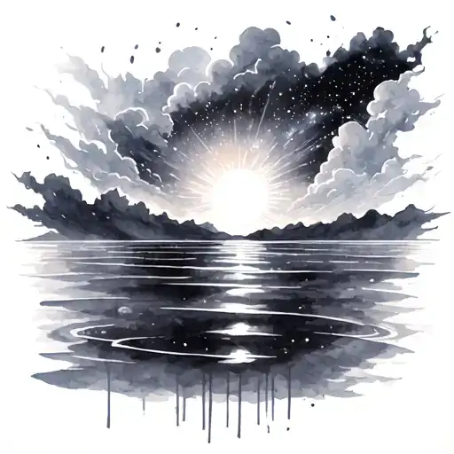 water color style of sunset to the galaxy, a water base, clouds blending light to dark, no conformed edges tattoo design idea