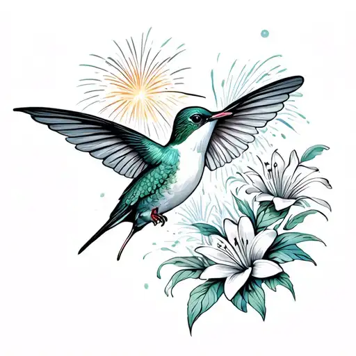 hummingbird with swallowtail butterfly wings with lily flowers and fireworks  tattoo design idea