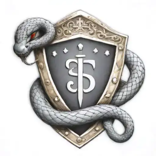 medieival shield with protection symbol and a snake coiled around the bottom of the shield and head poking out from top tattoo design idea