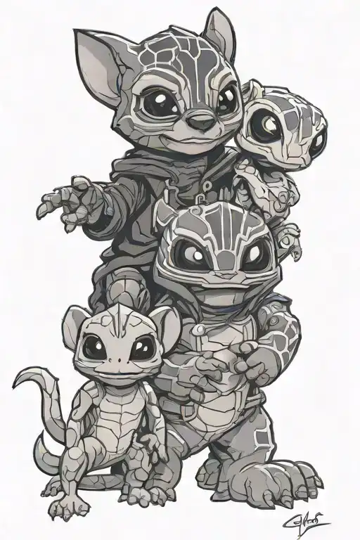 stitch and grogu and baby groot and black panther mask and squirtle and charmander tattoo design idea