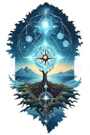 A geometric space landscape inspired by a tree of life and incorporating metatron cube with a compass tattoo design idea